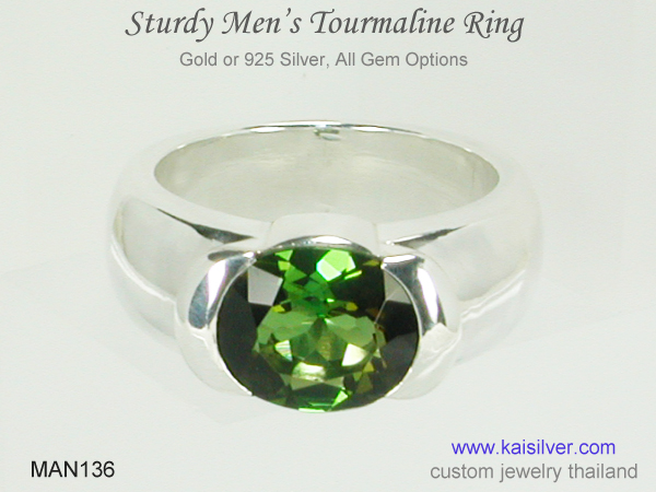 gold or silver men's ring green tourmaline