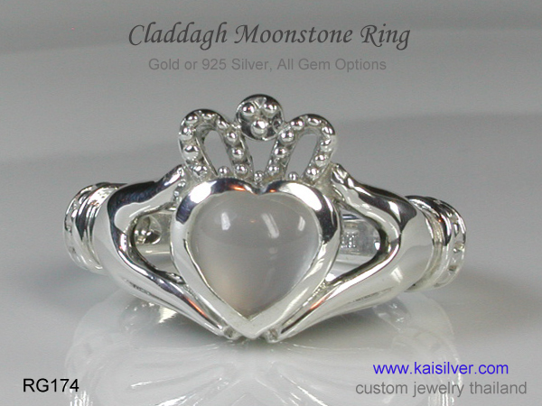 moonstone ring, claddagh gold or silver
