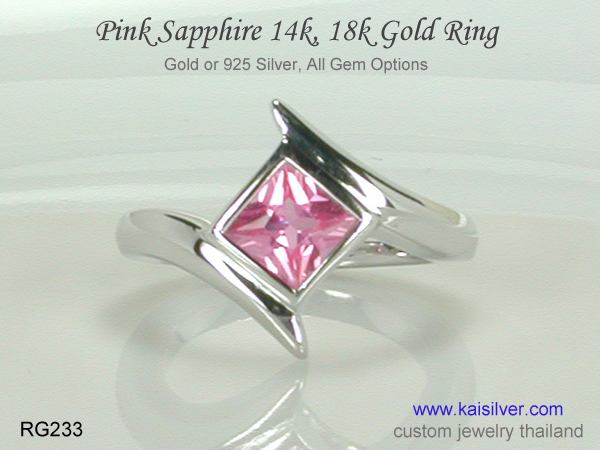 square pink sapphire ring yellow or white gold 